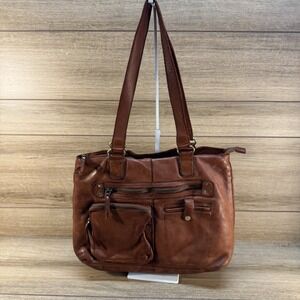 Marta Ponti Womens Brown Leather‎ Double Handle Zip Top Pockets Shoulder Bag
